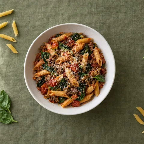 Penne met tomatensaus, gehakt, spinazie en geraspte kaas in een witte kom op een olijfgroen linnen kleed